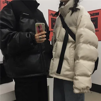 Облекло за двойки от изкуствена кожа, памучни дрехи, изолирана зимни палта, якета за мъже, свободна от корейска версия, яка-часова, водене жив топлина, мода