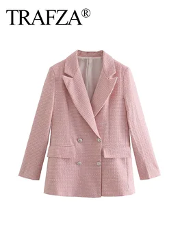 TRAFZA Woman Елегантен офис розово палто, сако с дълъг ръкав, Женски строг яке, Туид блейзър, Женски блейзър, Ежедневни есенното яке