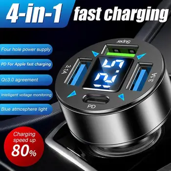 4-Портов USB Адаптер Blue Light Fast Car Charger QC 3.0 PD Quick Charge Adapter Led Цифров Дисплей За Huawei O6B7