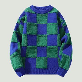 Crochet пуловери в клетката в стил хип-хоп, мъжки скок в стил харадзюку, изолирана скок в стил мозайка, градинска дрехи, ежедневни свободен пуловер с кръгло деколте, унисекс оверсайз
