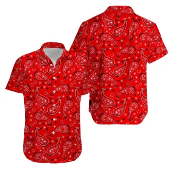 Нови мъжки ризи с червени принтом Пейсли, плажни летни блузи в стил хип-хоп, кубинският стил, по-големи размери, дебели червени ризи с копчета