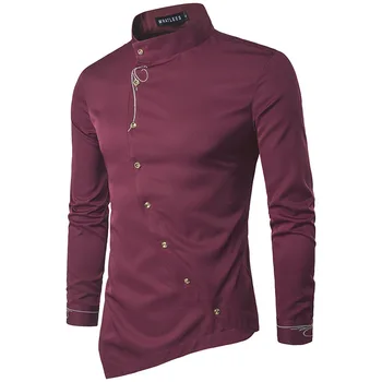 Нова мъжка риза с диагонални бутони неправилни форми добро качество на европейския размер, пролетната мъжка риза голям размер с висока яка