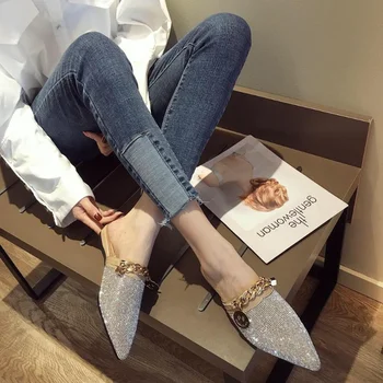 2022 Нови летни дамски чехли с остри половинки, модерен сандали на равна подметка с кристали, ежедневни чехли