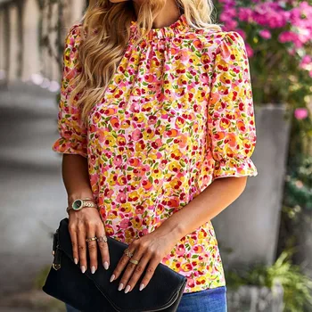 Ежедневни блузи, Модни Дамски дрехи с къс ръкав във формата на листенца, Елегантна риза с флорална принтом, Лятна блуза с кръгло деколте и цветен модел, Blusas 24776