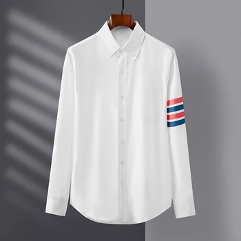 Ризи 2023, Нова мода брандираната тениска за мъже, тъмно-червени върхове цветна ивица, чист памук, Оксфорд, Тънка официалната риза tb, мъжки