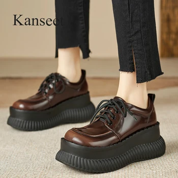 Дамски обувки на платформа Kanseet пролетна мода 2024 година, ежедневни дамски обувки от естествена кожа, с кръгли пръсти на високо масивна ток ръчно изработени кафяв цвят