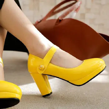 ZawsThia/ Дамски обувки Mary Janes От Лачена Изкуствена Кожа Жълто, Лилаво, Червено на цвят На платформа И Блок Висок ток; Офис Дамски обувки-лодка; Големи Размери 47 и 48