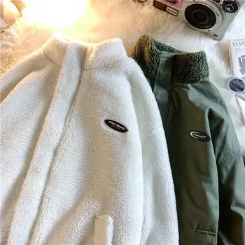 Двустранно бархатное утолщенное памучни палта за мъже и жени, зимно свободно палто от овча вълна в гонконгском стил, чифт памучни потници y2k
