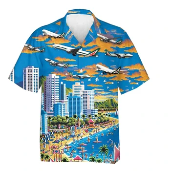 Тениска с Изображение на Битка в Самолета за Мъже, Дрехи с 3D Принтом, Хавайски Плажни Ризи С Къс Ръкав y2k, Блузи, Реколта Дрехи, Блуза, С Ревери