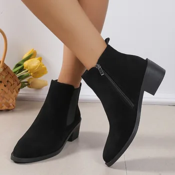 2023 Дамски обувки-Големи размери; Женски ботильоны; Класически и Модерни обувки; Дамски обикновена ботуши с цип С остри пръсти и масивна обувки; Дамски обувки от Флока