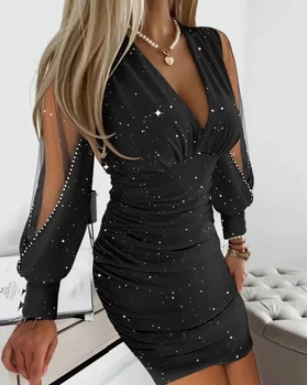 Плиссированное рокля с V-образно деколте 2023, хит на продажбите, casual есен Секси Модни парти, Прозрачна мрежа, пайети, ръкав-фенер, облегающая пола