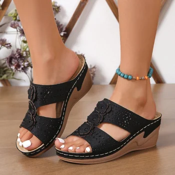 Дамски сандали, летни сандали в ретро стил на обувки, обувки на танкетке за жени, чехли и летни обувки на токчета, женските обувки на танкетке Zapatos Mujer
