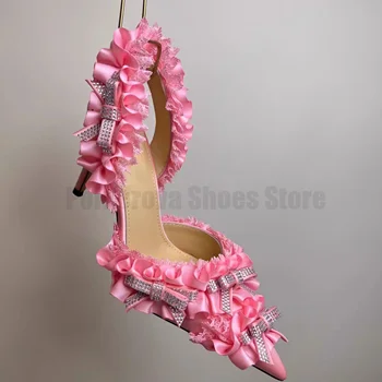 Дантелени розови сатенени сандали на висок ток с кристали, дамски нови тънки обувки с остри пръсти, секси дантелени декоративни обувки-лодки, дамски обувки