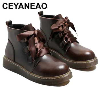 CEYANEAO / Есен-зима 2021, нови модни дамски къси ботуши, кожени тънки обувки в британския стил, обикновена фини обувки.