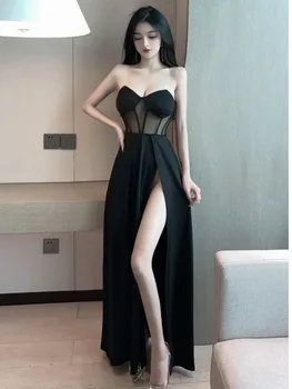 Лято 2023 г. Ново женското сексуално темпераментное рокля с открити рамене, апликация на гърдите, Модерно марлевое Прозрачно дълго церемониалния рокля с цепка NDR0