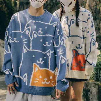 Лек мъжки пуловер, мъжки пуловер от полиестер, японски ретро вязаный пуловер Harajuku с анимационни котка, за мъже, зима Оверсайз