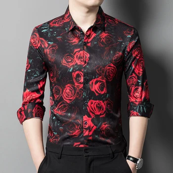 Мъжки копринени ризи с цветя, Рози, гладка дрехи с дълъг ръкав и принтом, мъжко рокля