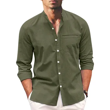 Мъжки однотонная риза Весеннелетние ризи, Модни блузи, Ежедневни памук яка, копчета Дишаща тениска с дълъг ръкав Горната риза